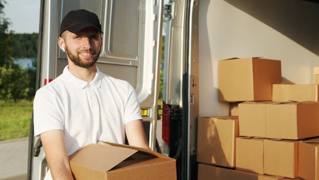 pexels-photo-5025641-5025641 Courier managing deliveries with a panel van, holding boxes outside.